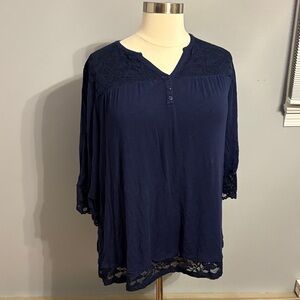 Catherines Navy Lace Yoke Henley Tunic